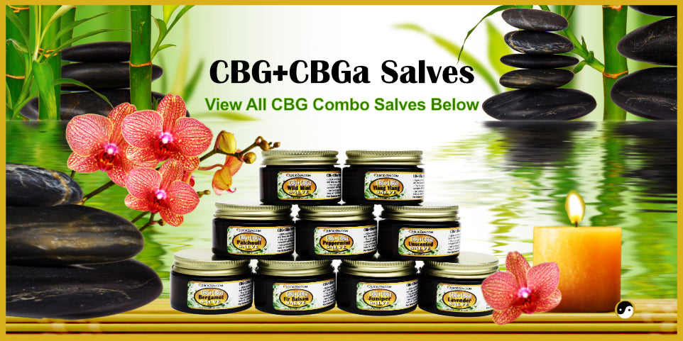 Combination CBG plus CBGa topical salves. Displayed in a pyramid style with a candle and orchids. Large black rocks with water and green bamboo.