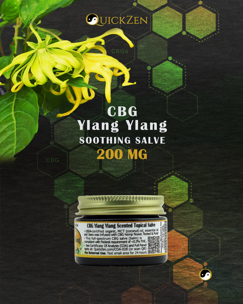 
                  
                    Rear label view one ounce jar Ylang Ylang scented CBG salve, 200 milligrams. Lang tree with yellow flowers. Molecular icons in the background.
                  
                