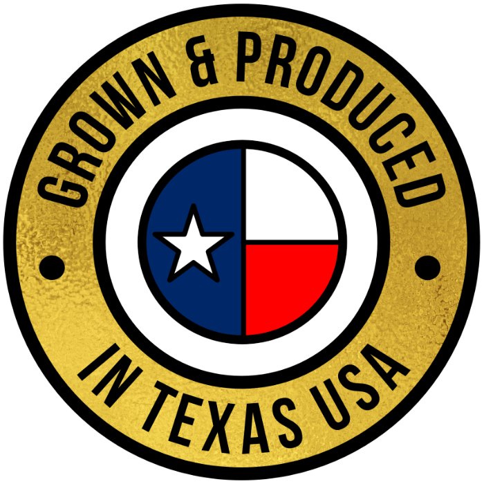 Grown and produced in Texas USA. Golden circle icon with a red, white and blue flag in the center.