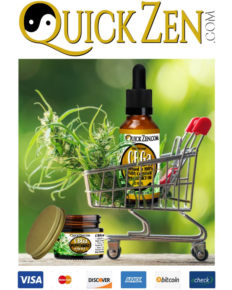 A tiny shopping cart with a QuickZen oil bottle and a hemp flower in it. An open salve jar sitting next to the cart, with a green of focus background.