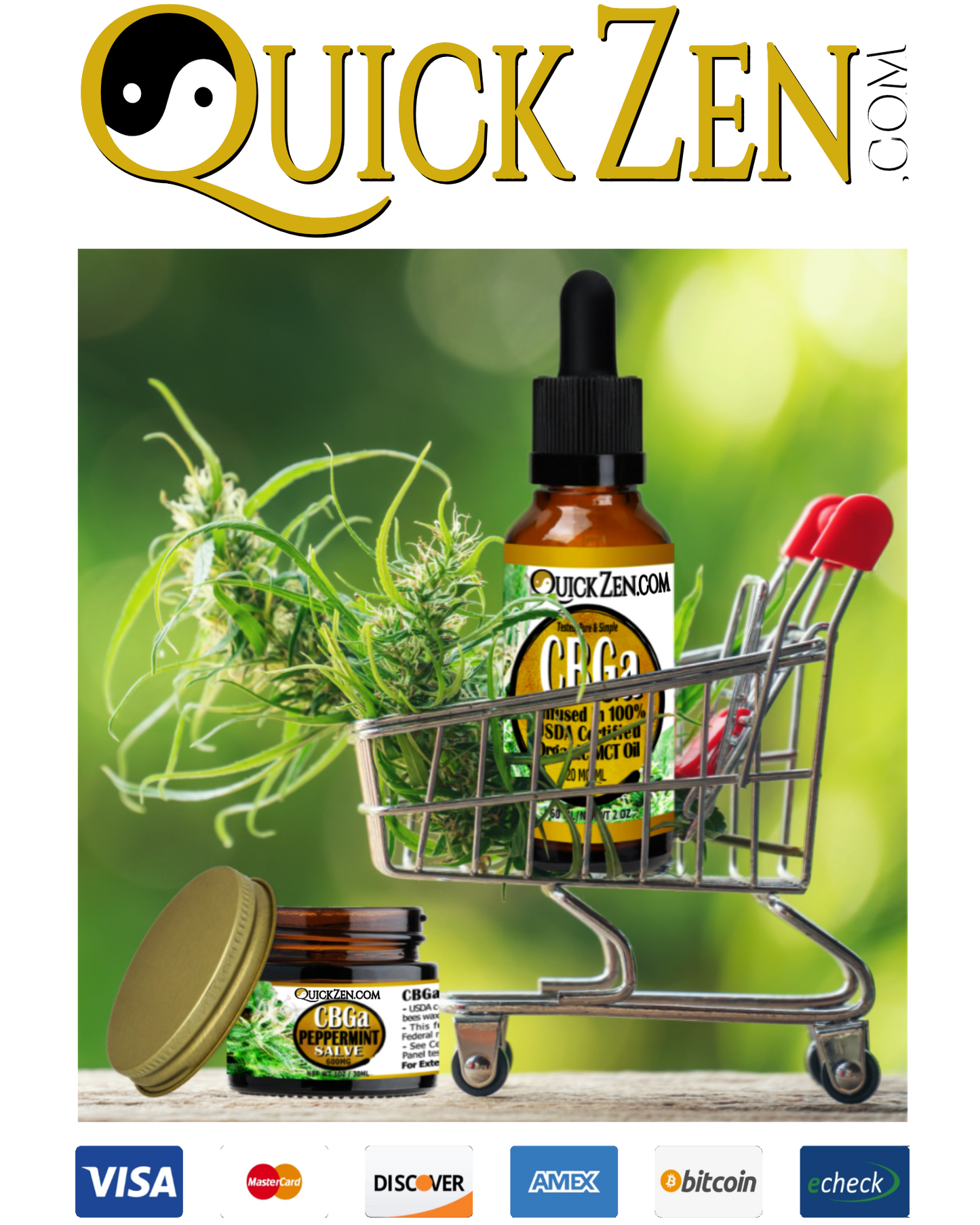 A tiny shopping cart with a QuickZen oil bottle and a hemp flower in it. An open salve jar sitting next to the cart, with a green of focus background.