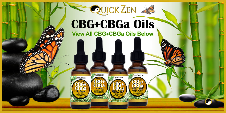 CBG plus CBGa topical oils. Displayed on a golden bamboo table with three monarch butterflies in the air, and several large black rocks.