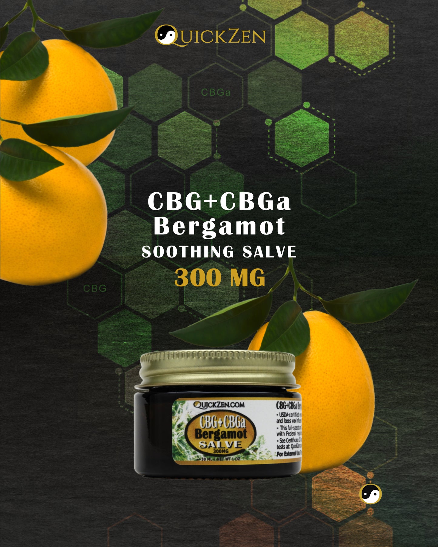 
                  
                    Front view one ounce jar of bergamot scented CBG and CBGa salve, 300 milligrams. Three bergamot oranges and molecular icons in the background.
                  
                
