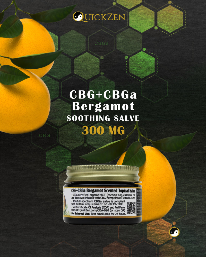 
                  
                    Rear view one ounce jar of bergamot scented CBG and CBGa salve, 300 milligrams. Three bergamot oranges and molecular icons in the background.
                  
                