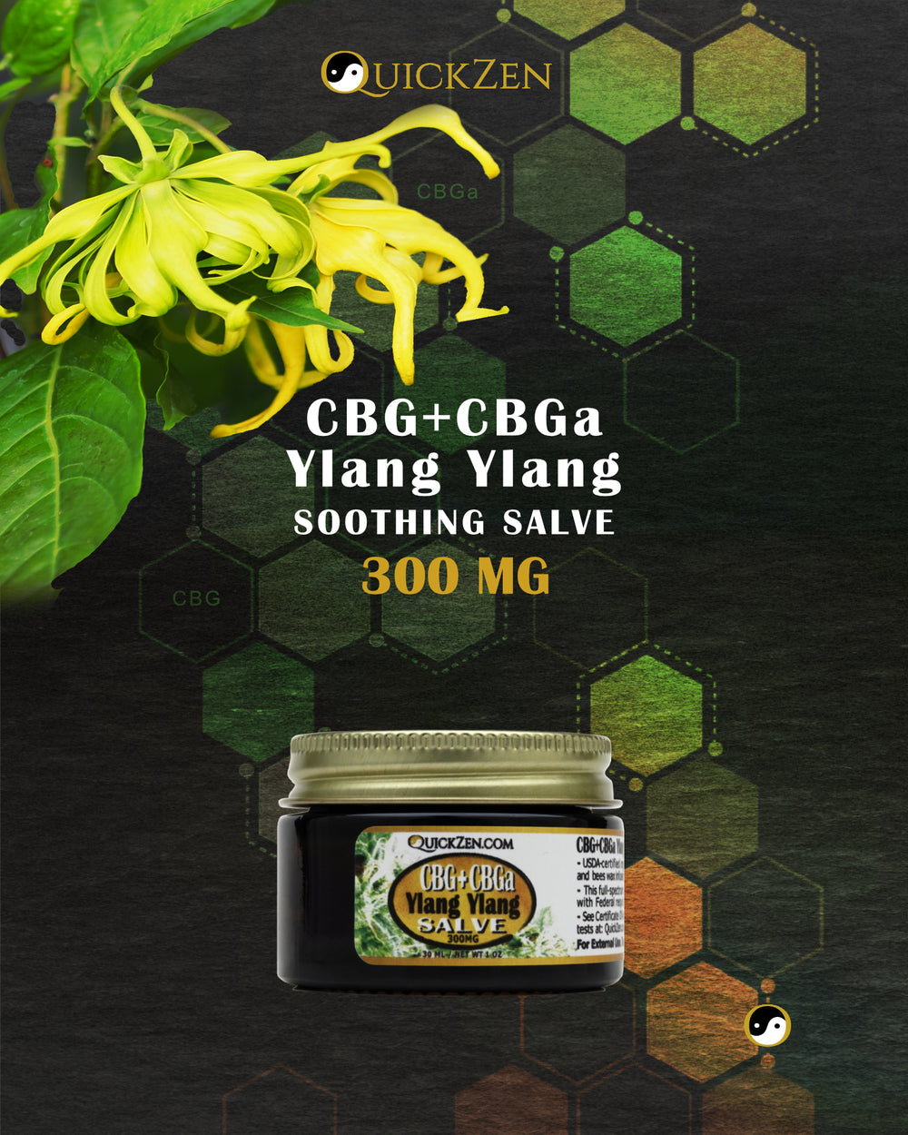 Front view one ounce jar ylang ylang scented CBG and CBGa salve, 300 milligrams. Lang tree with yellow flowers. Molecular icons in the background.