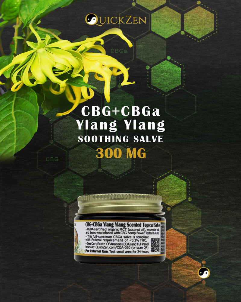 
                  
                    Rear view one ounce jar ylang ylang scented CBG and CBGa salve, 300 milligrams. Lang tree with yellow flowers. Molecular icons in the background.
                  
                