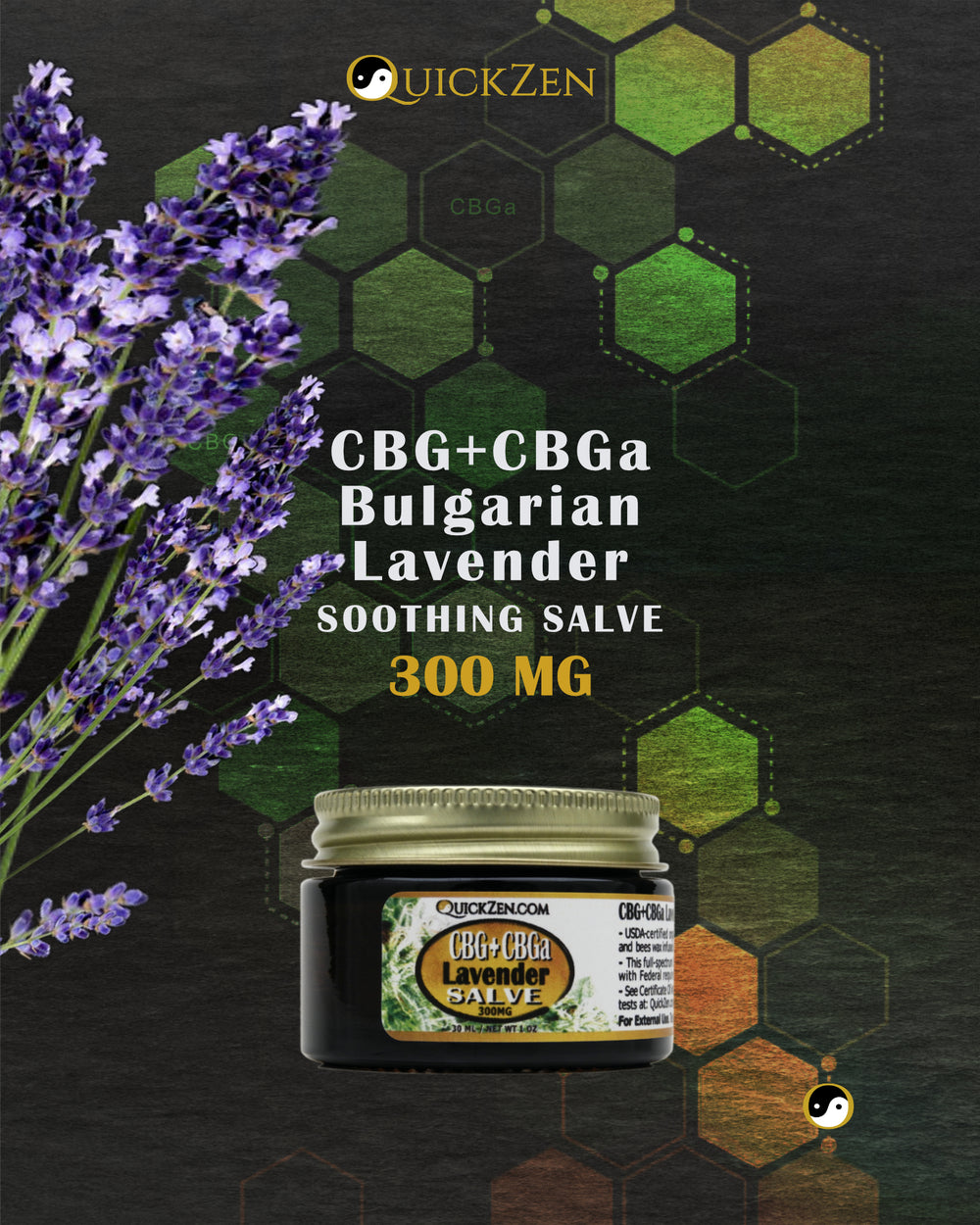 Front view one ounce jar of lavender scented CBG and CBGa salve, 300 milligrams. Fresh cut lavender flowers. Molecular icons in the background.