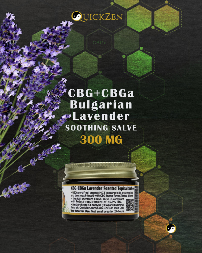 
                  
                    Rear view one ounce jar of lavender scented CBG and CBGa salve, 300 milligrams. Fresh cut lavender flowers. Molecular icons in the background.
                  
                