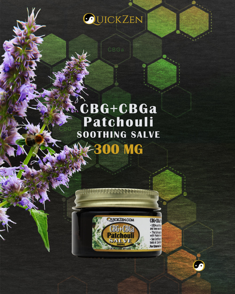 Front view one ounce jar of patchouli scented CBG and CBGa salve, 300 milligrams. Fresh cut patchouli flowers. Molecular icons in the background.