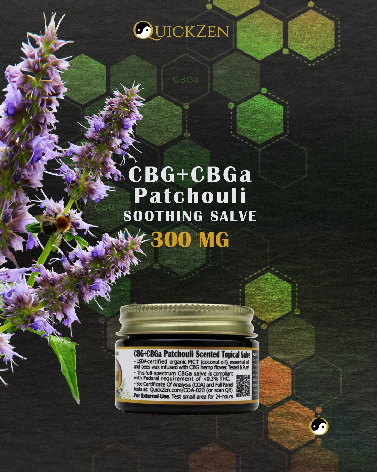 
                  
                    Rear view one ounce jar of patchouli scented CBG and CBGa salve, 300 milligrams. Fresh cut patchouli flowers. Molecular icons in the background.
                  
                