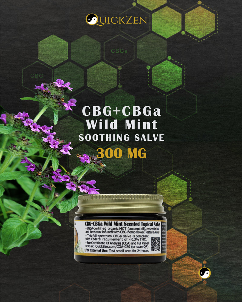 
                  
                    Rear view one ounce jar of wild mint scented CBG and CBGa salve, 300 milligrams. Purple wild mint flowers. Molecular icons in the background.
                  
                