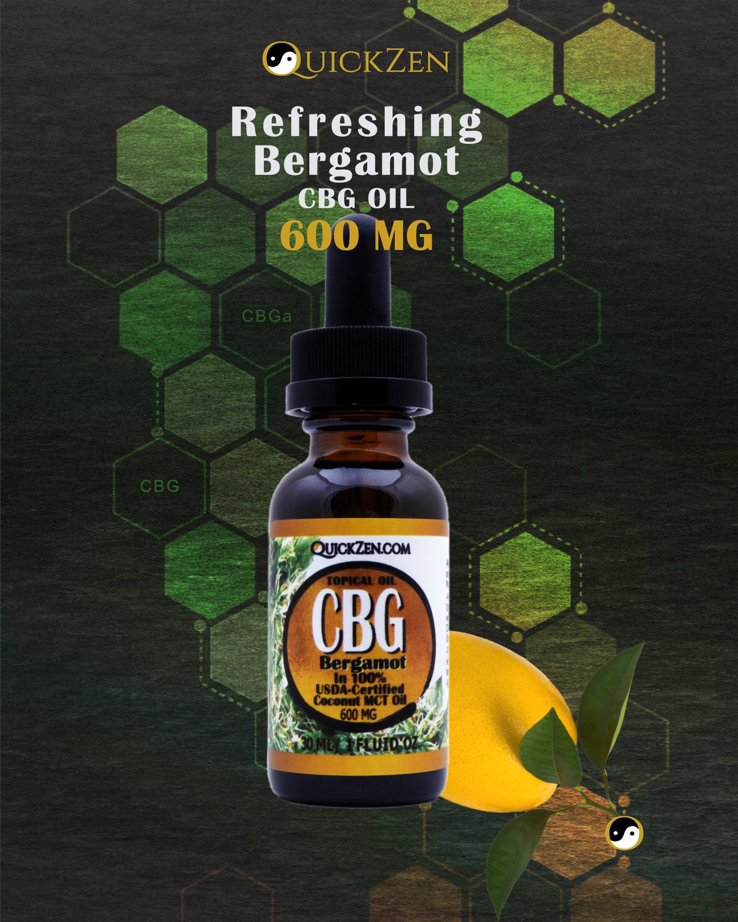 
                  
                    Front view one ounce bottle of bergamot scented CBG oil, 600 milligrams. With a whole orange fruit and green molecule icons in the background.
                  
                