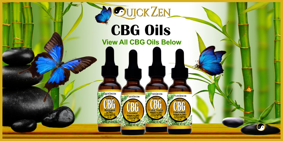 CBG topical oils displayed on a golden bamboo table with three blue and black butterflies in the air, and several large black rocks.
