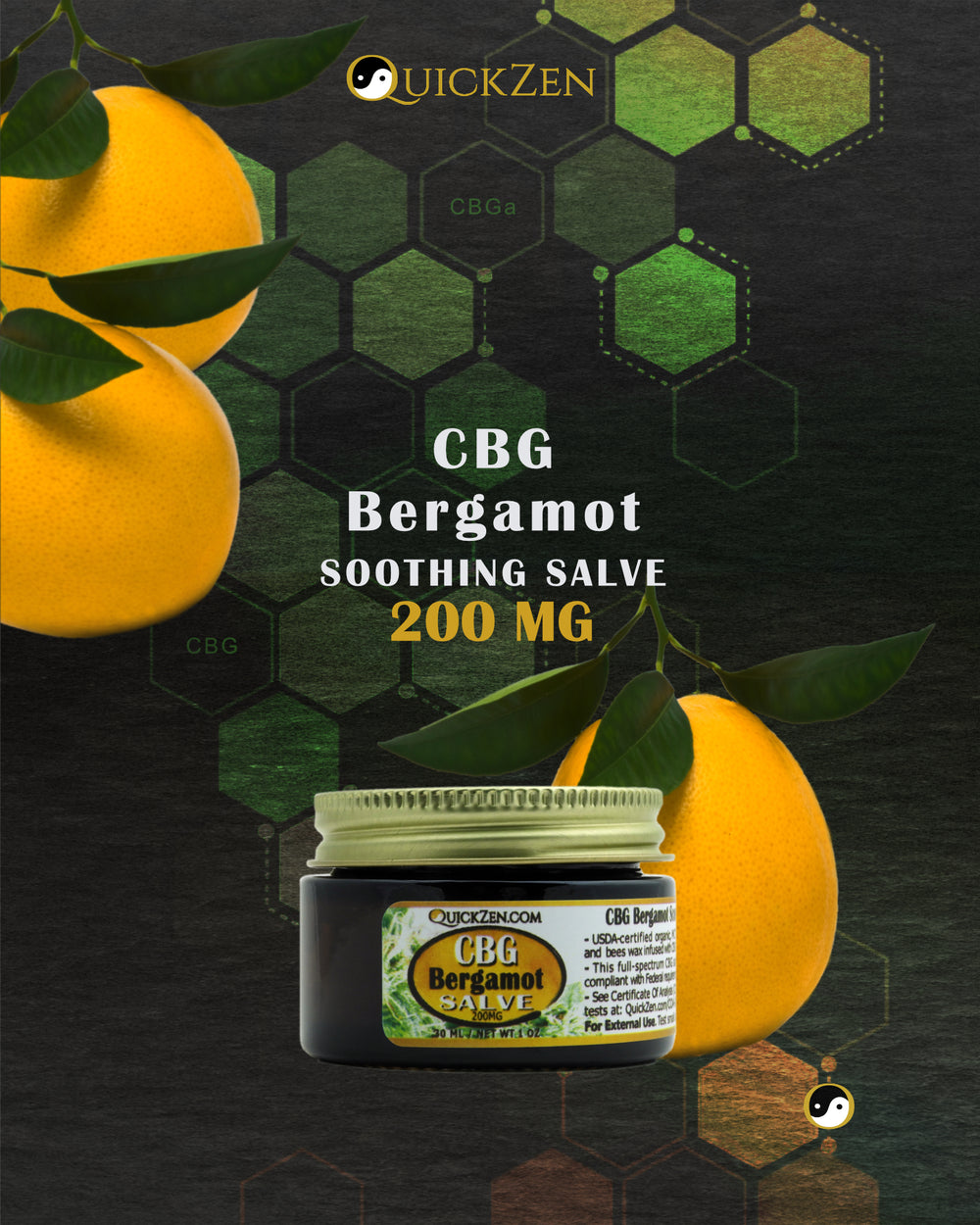 Front label view one ounce jar Bergamot scented CBG salve, 200 milligrams. Bergamot orange with green leaves. Molecular icons in the background.