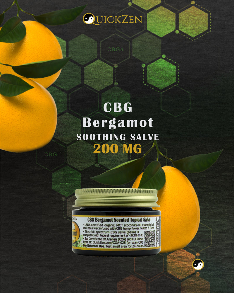 
                  
                    Rear view one ounce jar Bergamot scented CBG salve, 200 milligrams. Bergamot orange with green leaves. Molecular icons in the background.
                  
                
