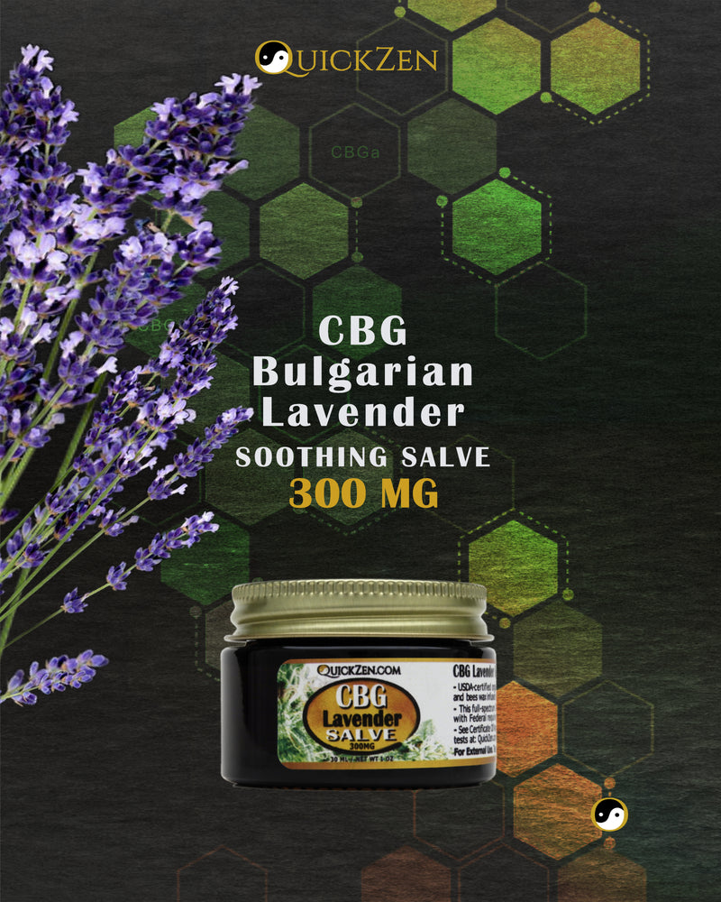 
                  
                    Front view one ounce jar of lavender scented CBG salve, 300 milligrams. With cut lavender flowers. Bronze molecule icons in the background.
                  
                