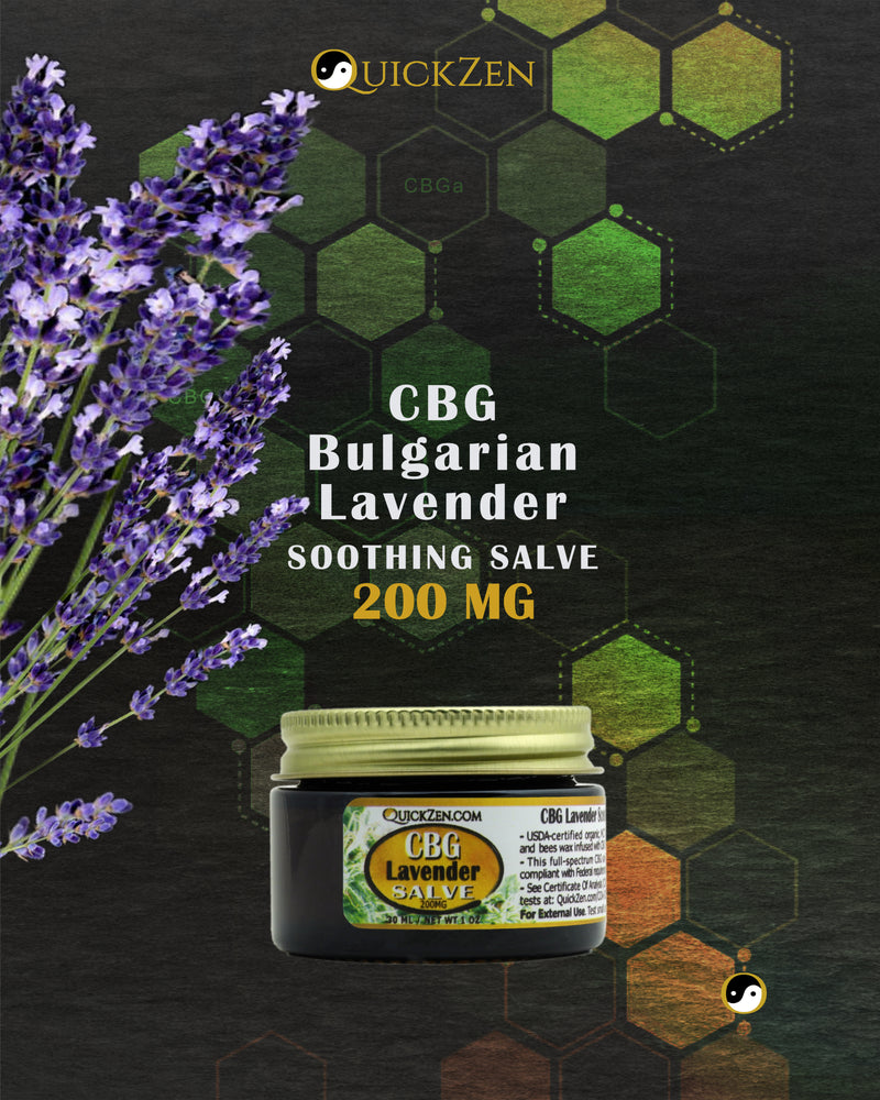 Front view one ounce jar Bulgarian Lavender scented CBG salve, 200 milligrams. Purple Lavender flowers. Molecular icons in the background.