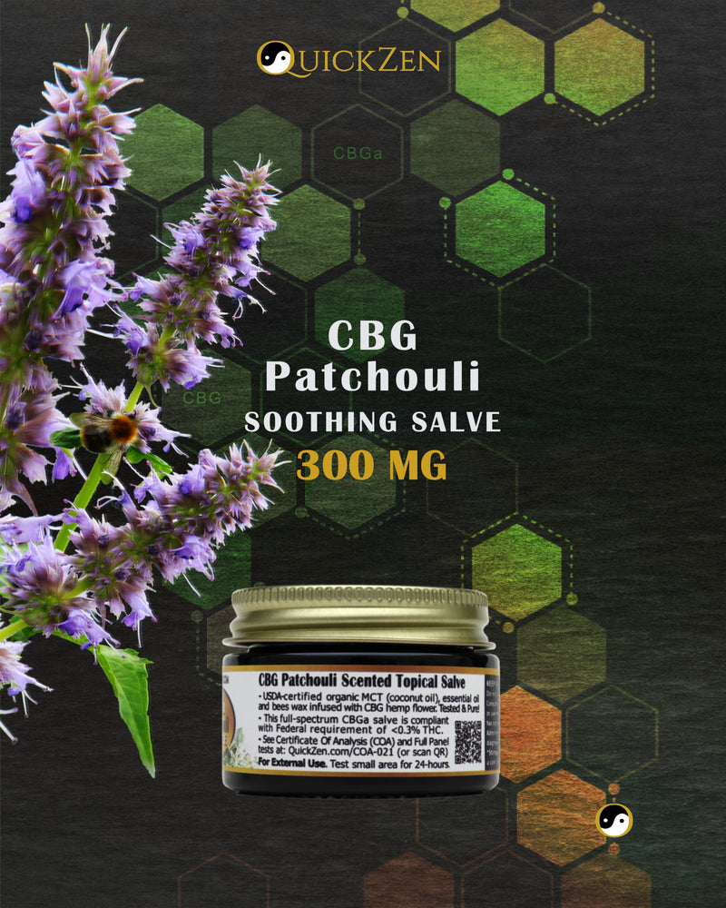 
                  
                    Rear view one ounce jar of patchouli scented CBG salve, 300 milligrams. With patchouli flowers. Bronze molecule icons in the background.
                  
                