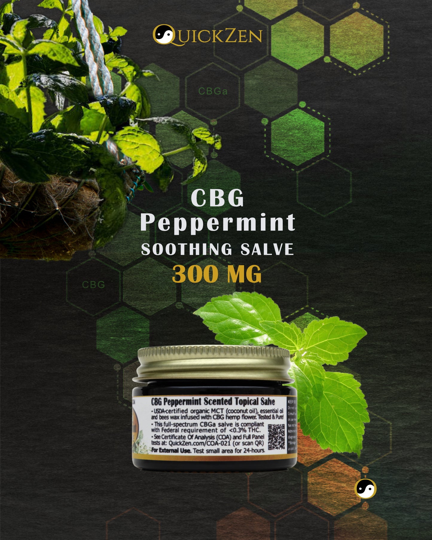 
                  
                    Rear view one ounce jar of peppermint scented CBG salve, 300 milligrams. With several peppermint leaves. Green molecule icons in the background.
                  
                