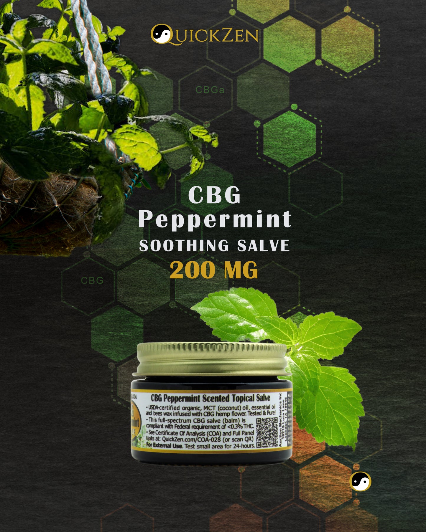 
                  
                    Rear label view one ounce jar Peppermint scented CBG salve, 200 milligrams. Green Peppermint Leaves. Molecular icons in the background.
                  
                