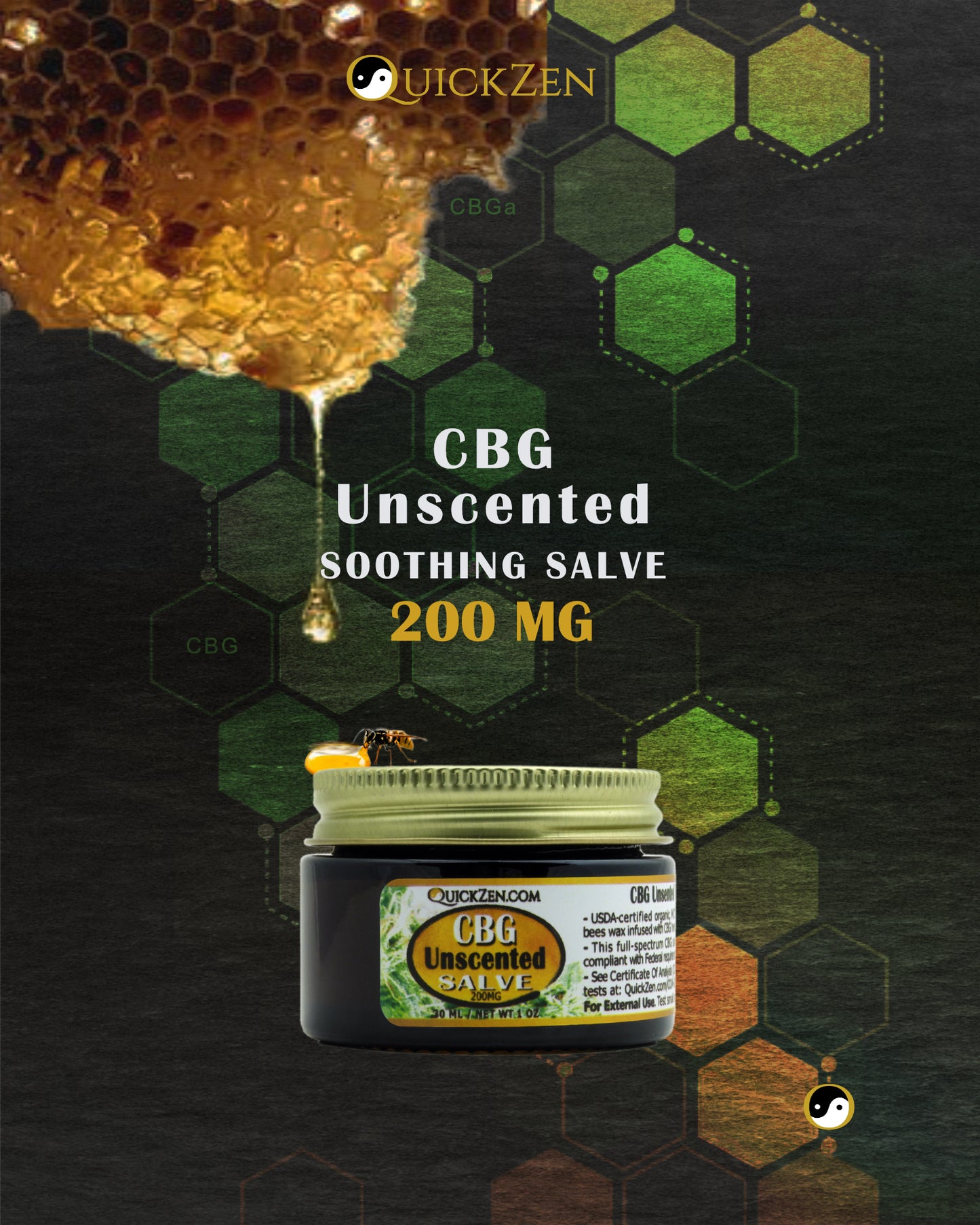 
                  
                    Front label view one ounce jar CBG salve, 200 milligrams. Honey bee and honeycomb. Molecular icons in the background.
                  
                