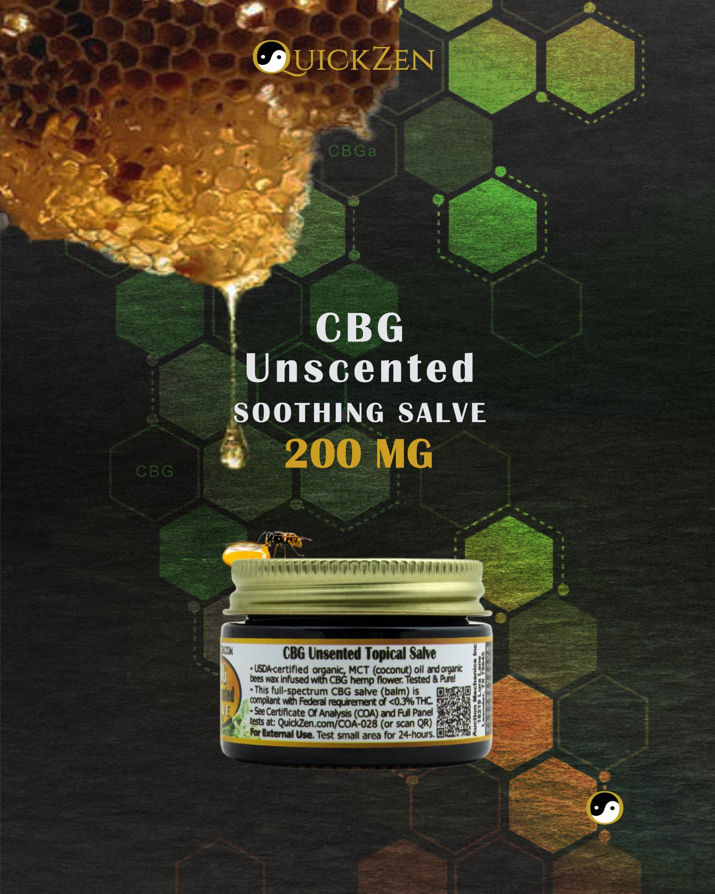 Rear label view one ounce jar CBG salve, 200 milligrams. Honey bee and honeycomb. Molecular icons in the background.