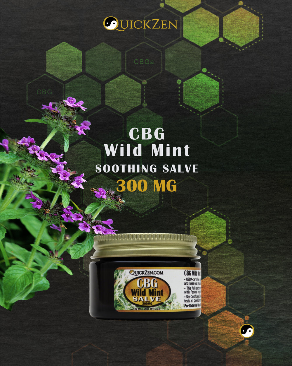 Front view one ounce jar of wild mint scented CBG salve, 300 milligrams. With cut wild mint flowers.. Green molecule icons in the background.