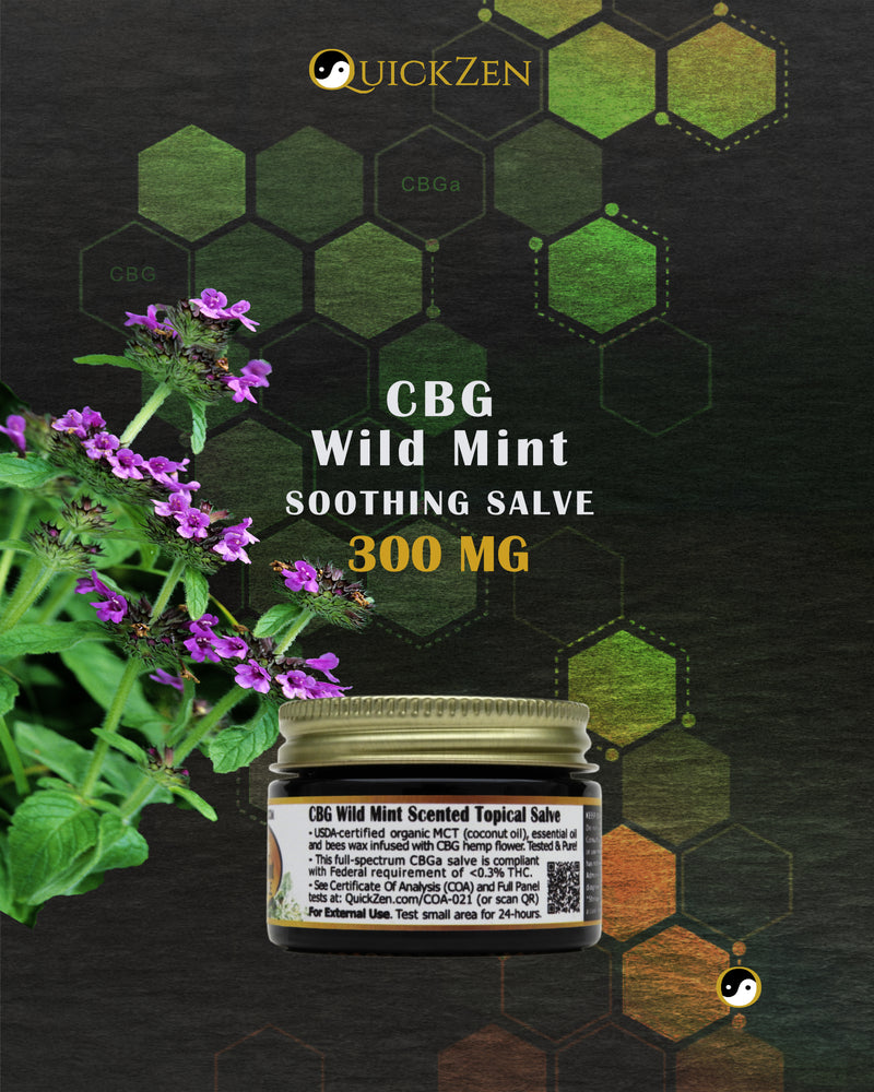
                  
                    Rear view one ounce jar of wild mint scented CBG salve, 300 milligrams. With cut wild mint flowers.. Green molecule icons in the background.
                  
                
