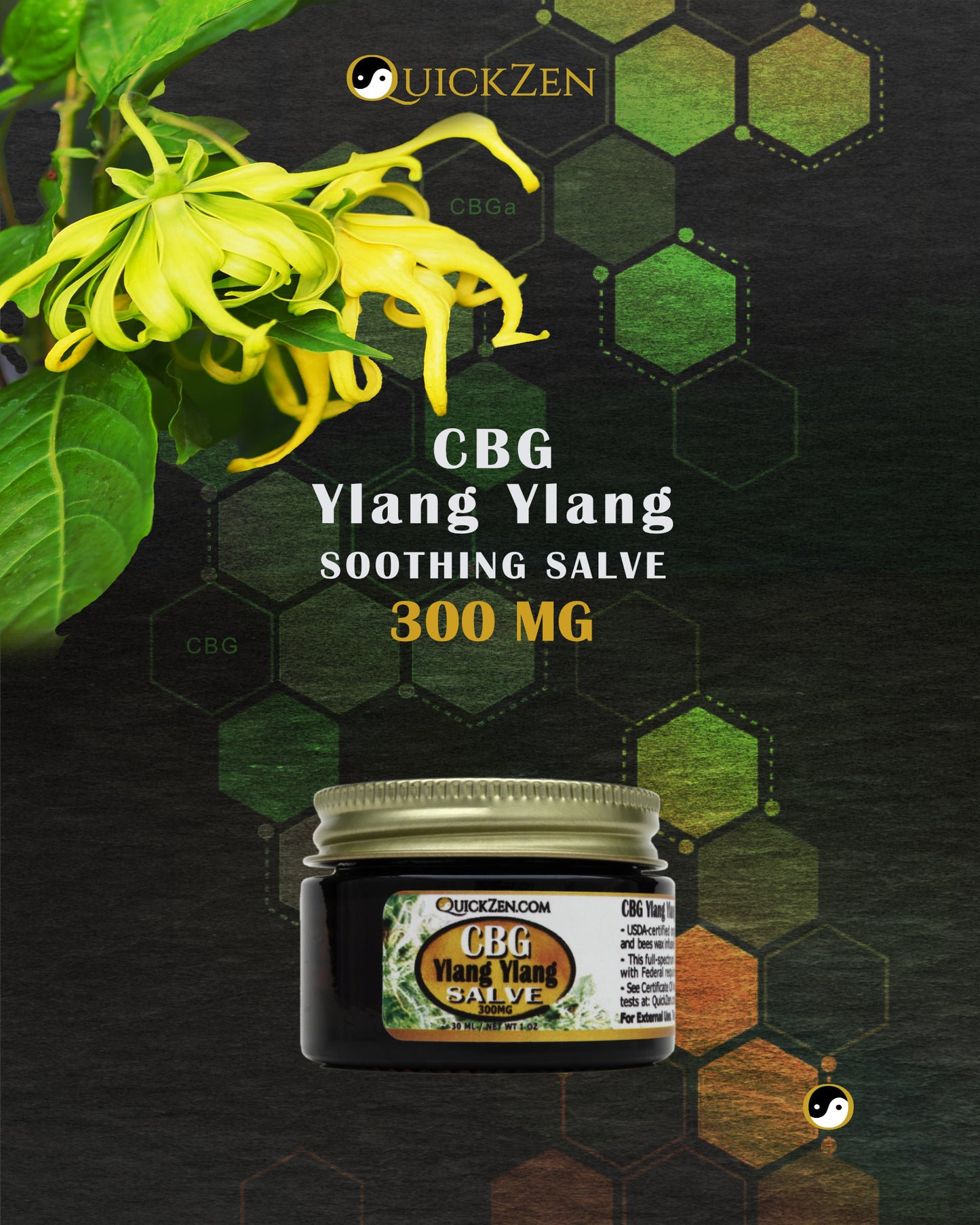 
                  
                    Front view one ounce jar ylang ylang scented CBG salve, 300 milligrams. Lang tree with yellow flowers. Molecular icons in the background.
                  
                