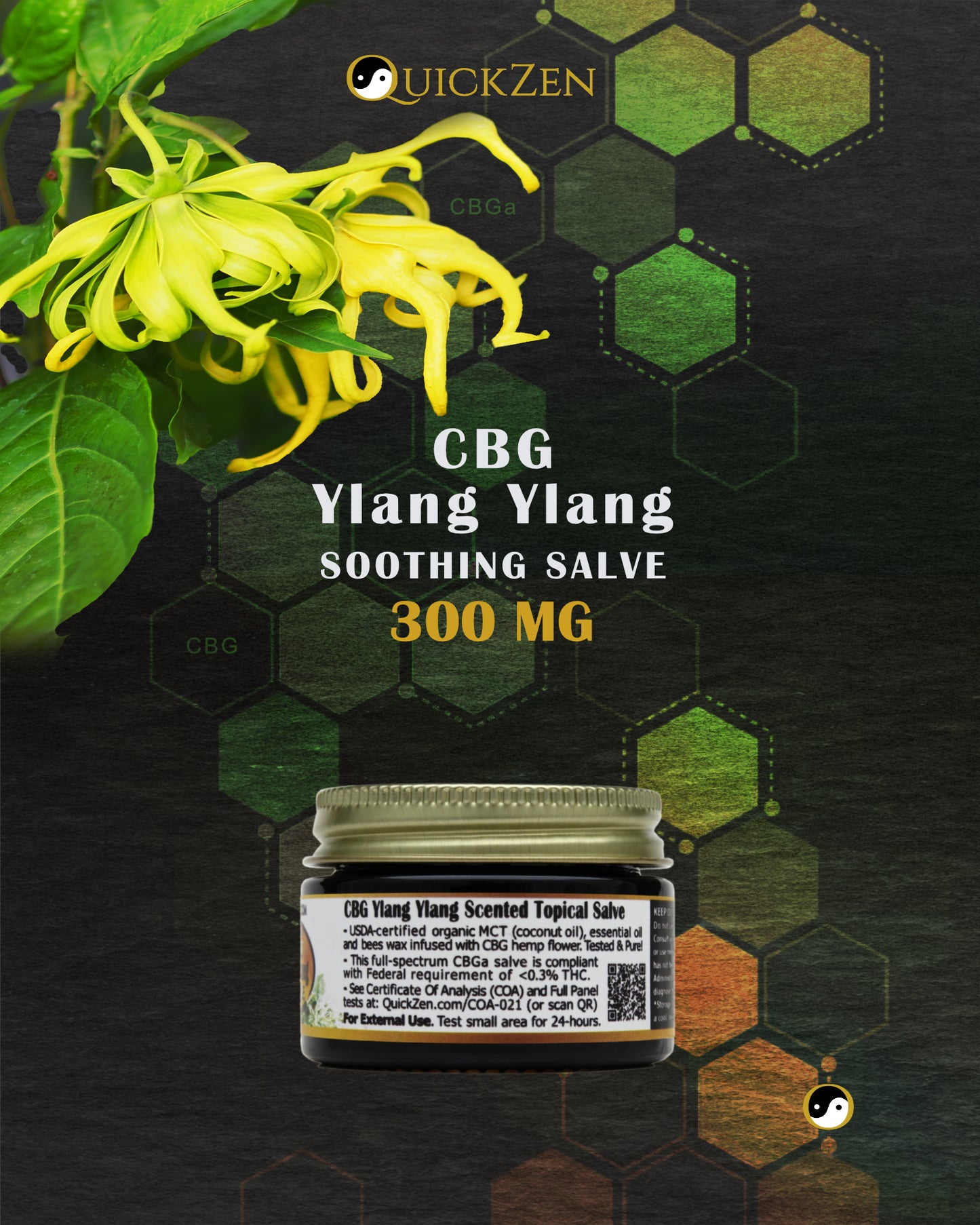 
                  
                    Rear view one ounce jar ylang ylang scented CBG salve, 300 milligrams. Lang tree with yellow flowers. Molecular icons in the background.
                  
                