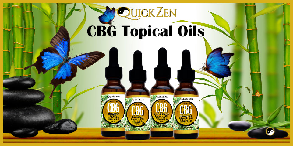 QuickZen CBG Oil Collection. Displayed with blue butterflies, black rocks and green bamboo.