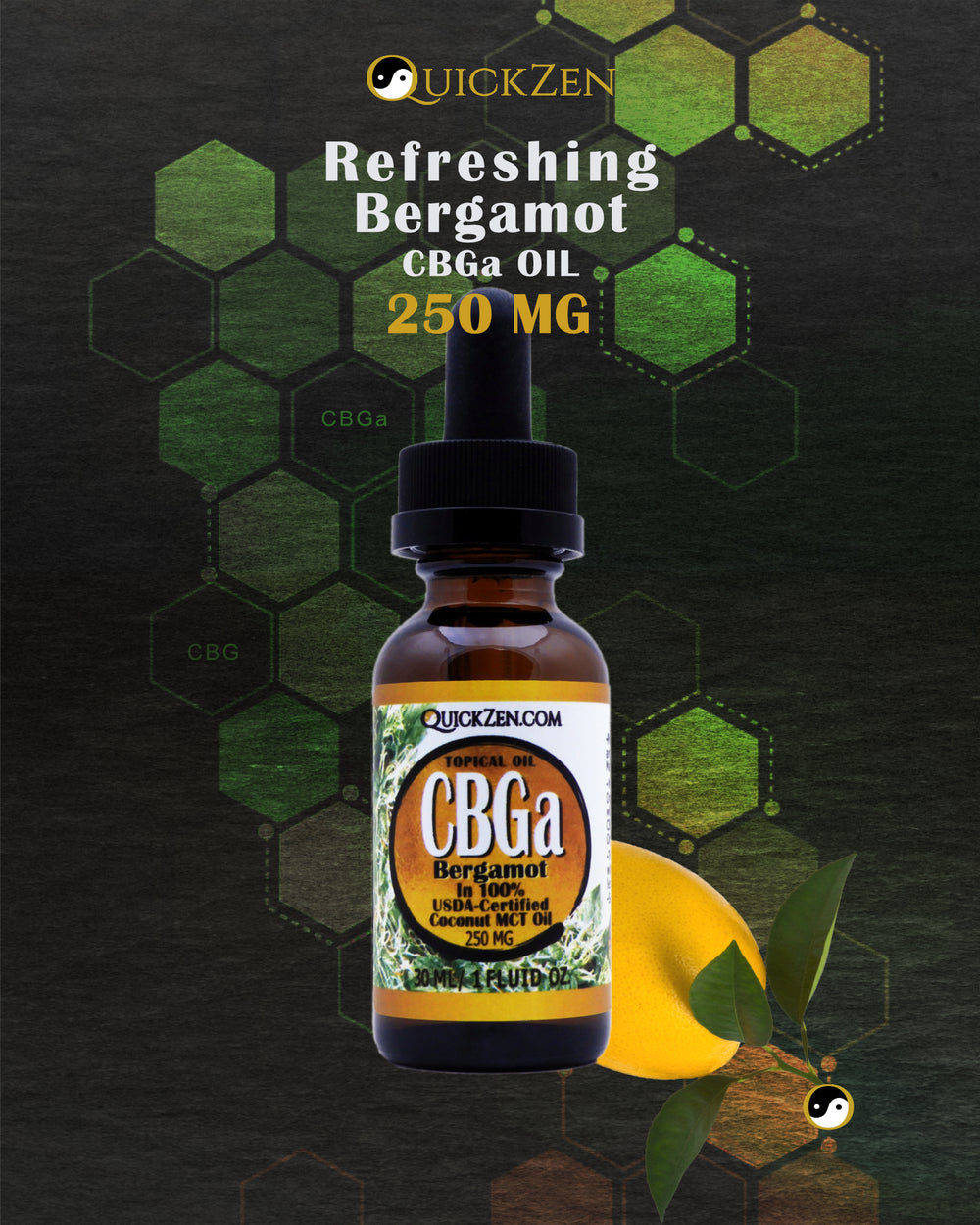 Front view one ounce bottle of bergamot scented CBGa oil, 250 milligrams. With an uncut orange. Green molecule icons in the background.