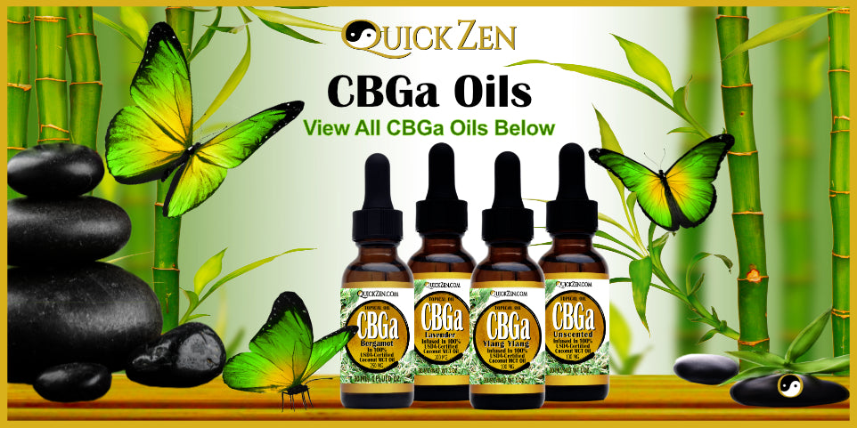 CBGa topical oils. Displayed on a golden bamboo table with three green and yellow butterflies in the air, and several large black rocks.
