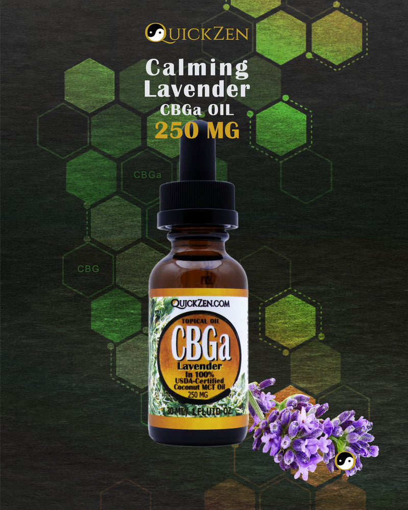 
                  
                    Front view one ounce bottle of lavender scented CBGa oil, 250 milligrams. With an cut lavender flowers. Green molecule icons in the background.
                  
                