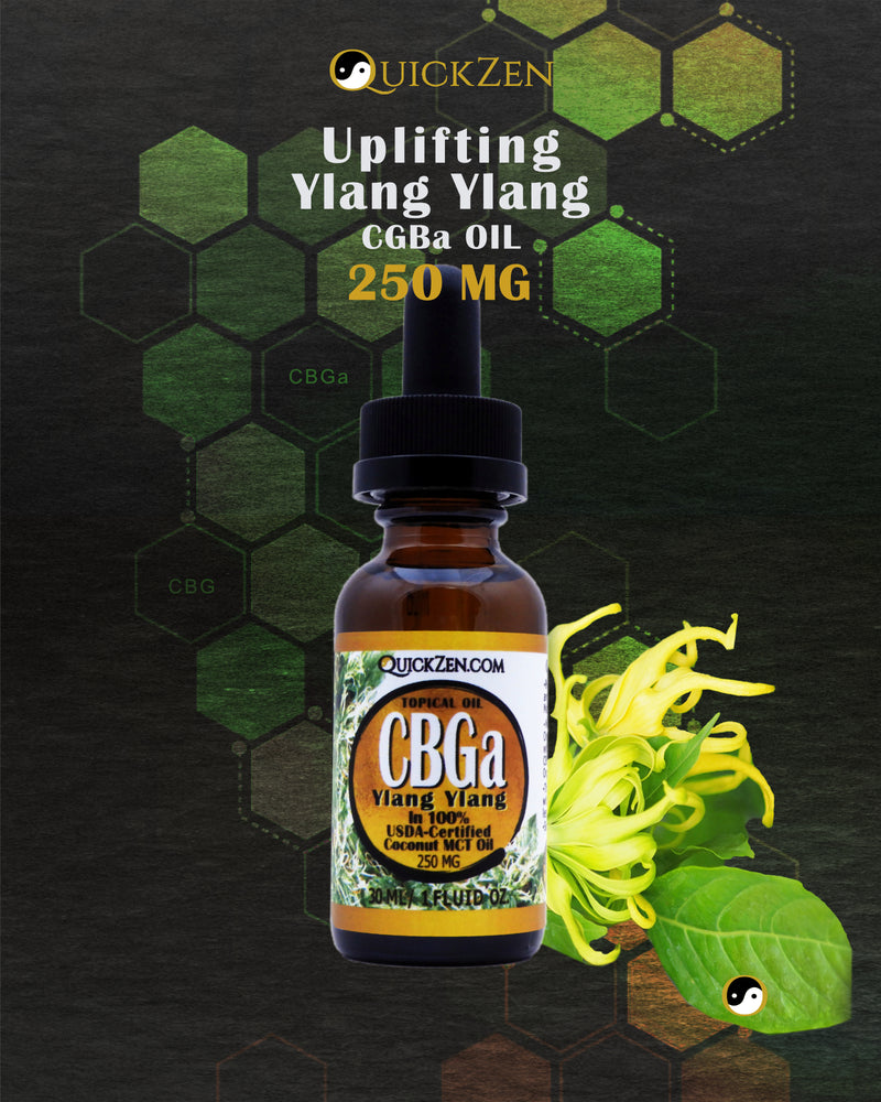 
                  
                    Front view one ounce bottle of ylang ylang scented CBGa oil, 250 milligrams. With cut lang lang flowers. Green molecule icons in the background.
                  
                