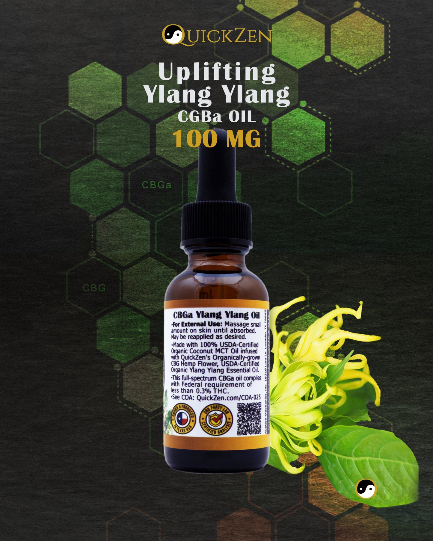 Rear view one ounce bottle of ylang ylang CBGa oil, 100 milligrams. With a lang lang flower. Green molecule icons in the background.