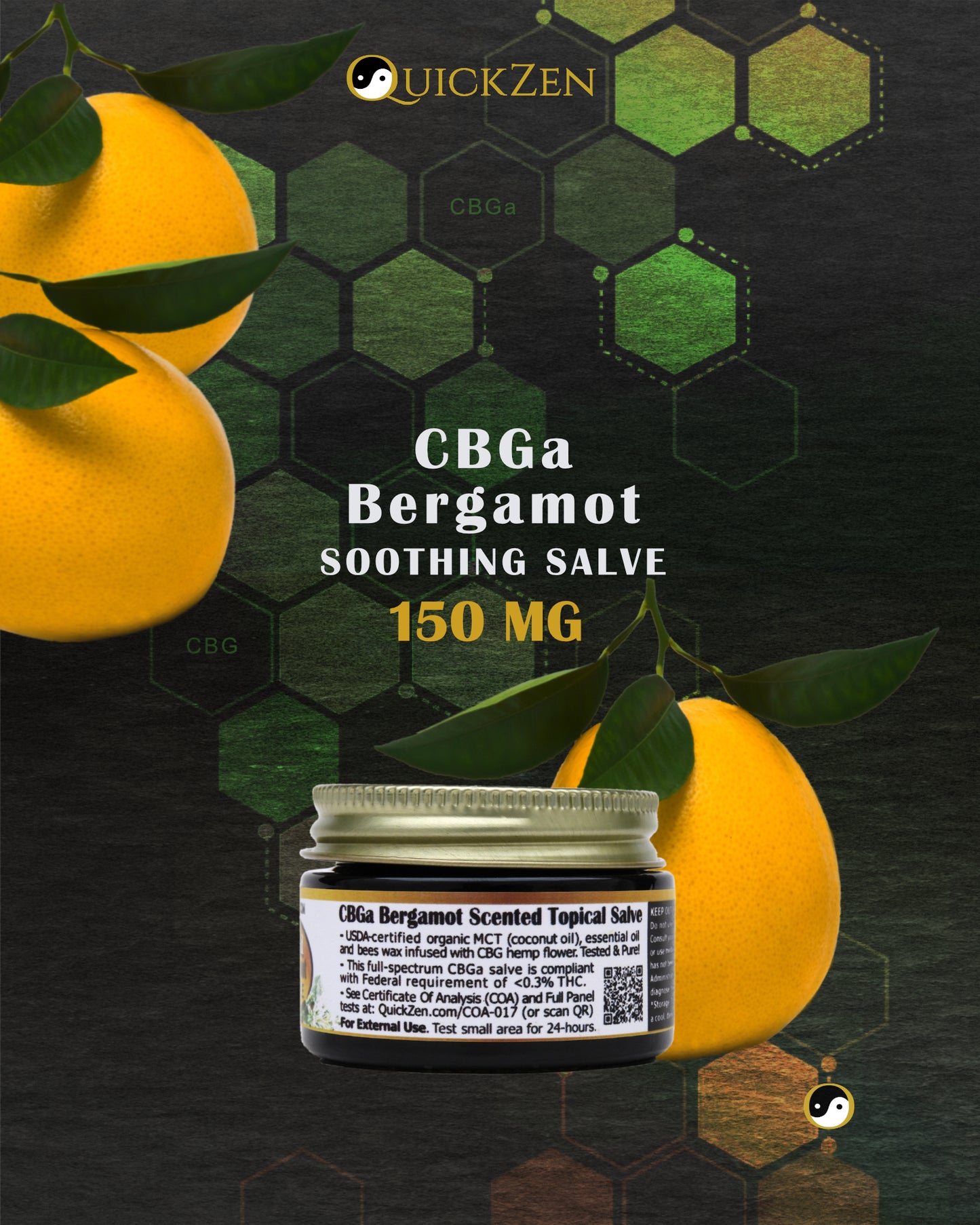 Rear view one ounce jar of bergamot scented CBGa salve, 150 milligrams. With three whole oranges. Green molecule icons in the background.