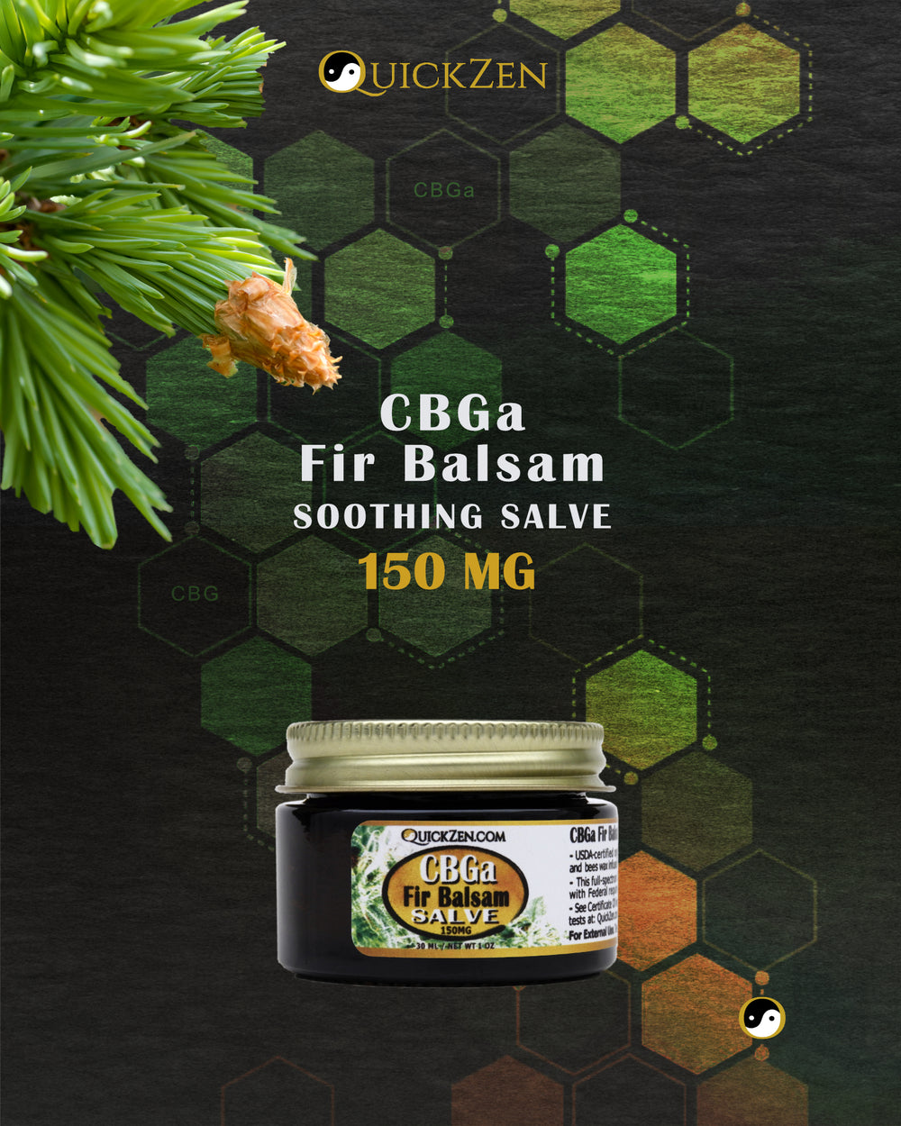 Front view one ounce jar of fir balsam scented CBGa salve, 150 milligrams. With fir tree needles. Green molecule icons in the background.