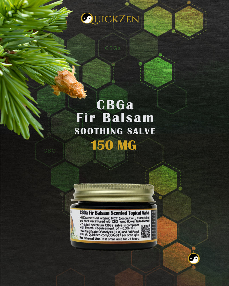 
                  
                    Rear view one ounce jar of fir balsam scented CBGa salve, 150 milligrams. With fir tree needles. Green molecule icons in the background.
                  
                