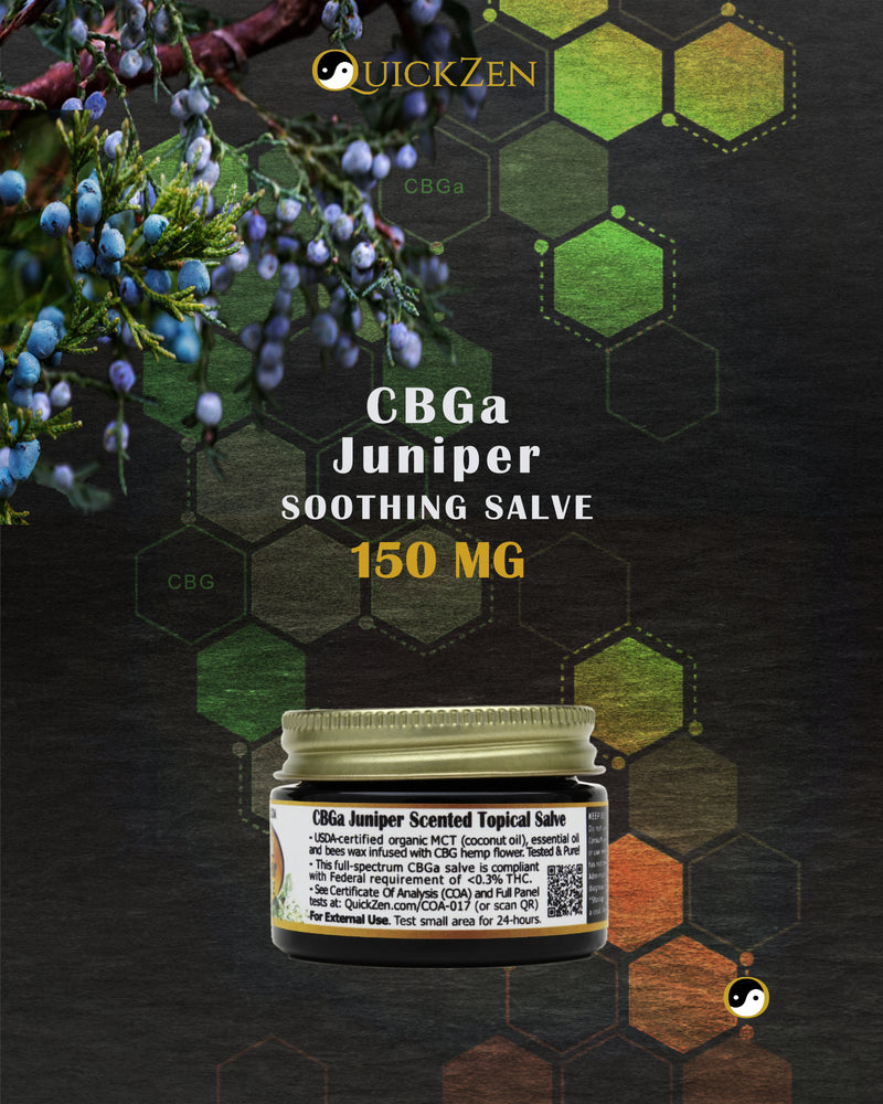 
                  
                    Rear view one ounce jar of juniper scented CBGa salve, 150 milligrams. With juniper tree berries and needles. Bronze molecule icons in the background.
                  
                