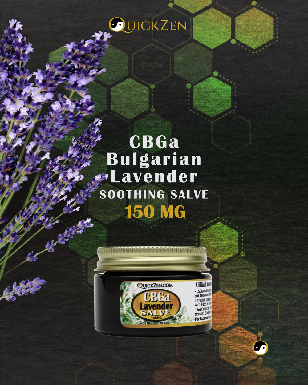 Front view one ounce jar of lavender scented CBGa salve, 150 milligrams. With several fresh lavender flowers. Bronze molecule icons in the background.