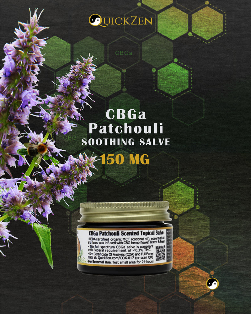
                  
                    Rear view one ounce jar of patchouli scented CBGa salve, 150 milligrams. With several fresh patchouli flowers. Bronze molecule icons in the background.
                  
                
