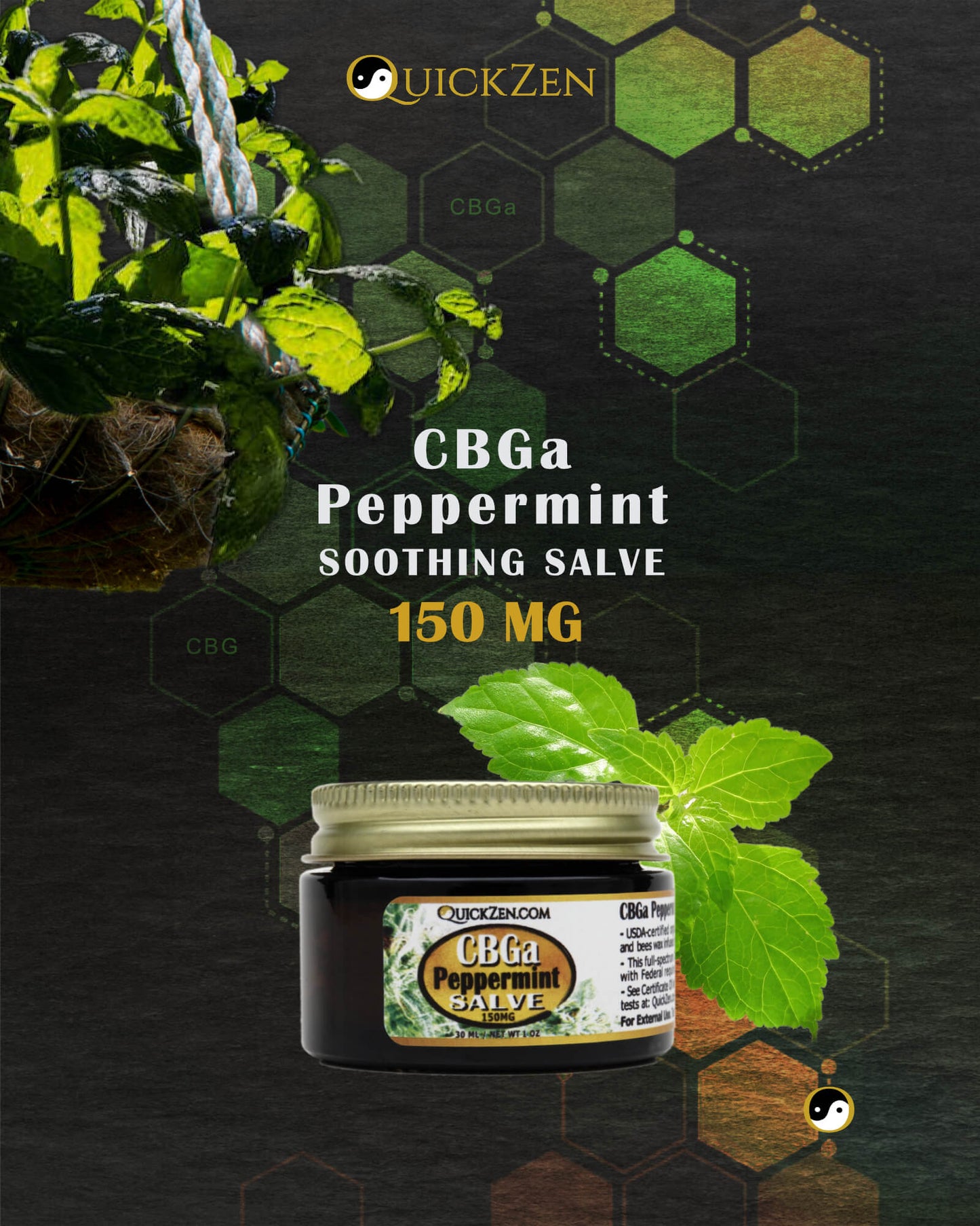 Front view one ounce jar of peppermint scented CBG and CBGa salve, 300 milligrams. Green peppermint leaves and Molecular icons in the background.