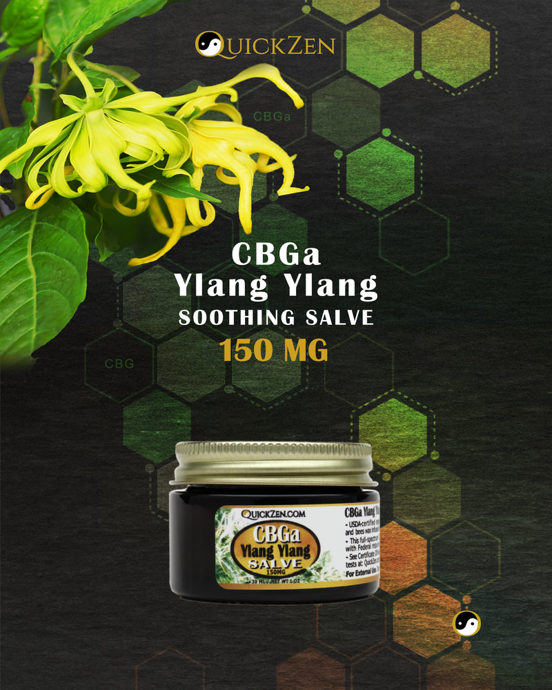Front view one ounce jar of ylang ylang scented CBGa salve, 150 milligrams. Lang Lang tree tip with yellow flowers. Molecule icons in the background.