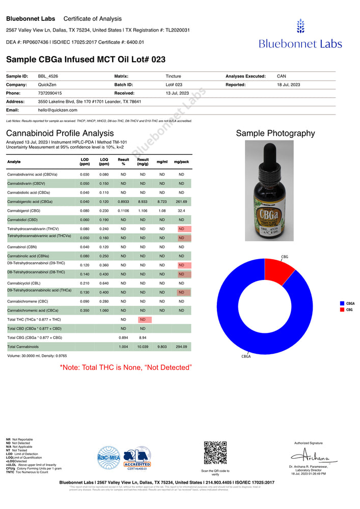 
                  
                    Lot 023 Oil COA. Potency summary and certificate of authenticity for cannabinoids profile analysis of CBGa. No THC detected.
                  
                