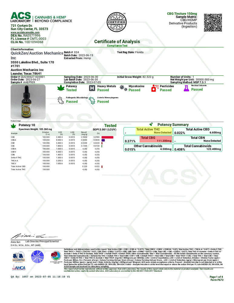 
                  
                    Lot 024 Oil COA. Potency summary and certificate of authenticity for cannabinoids profile analysis of CBG or CBGa.
                  
                