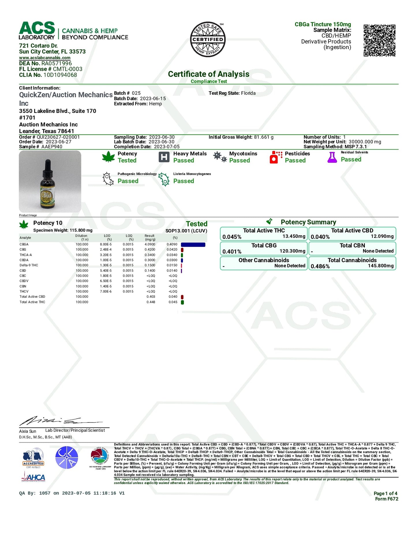 Lot 025 page one, cannabinoids profile analysis and full panel results summary. ACS Laboratories Certified Full Panel Tests.