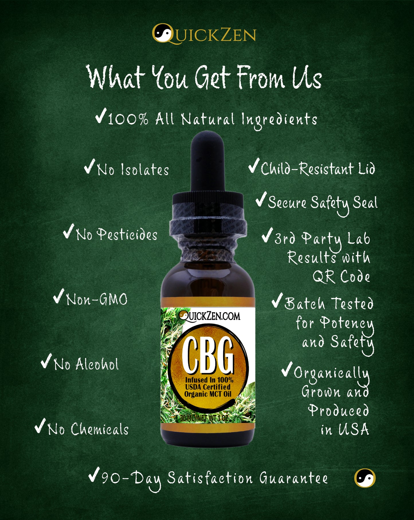
                  
                    Green chalkboard with bergamot scented CBG oil product details. All natural ingredients, child resistant cap.
                  
                