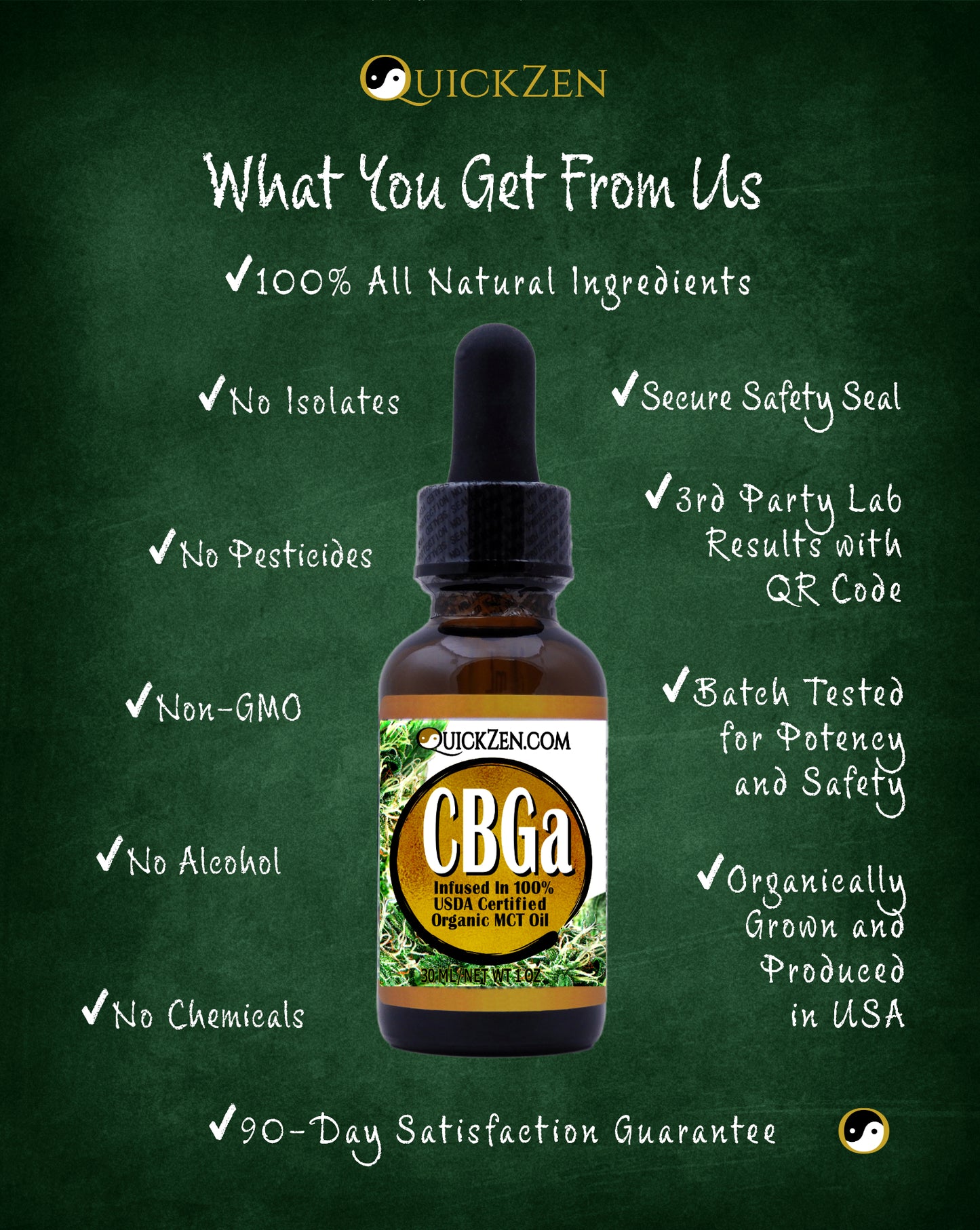 
                  
                    Green chalkboard with unscented CBGa oil product details. All natural ingredients, no isolates, non GMO, safety seal.
                  
                
