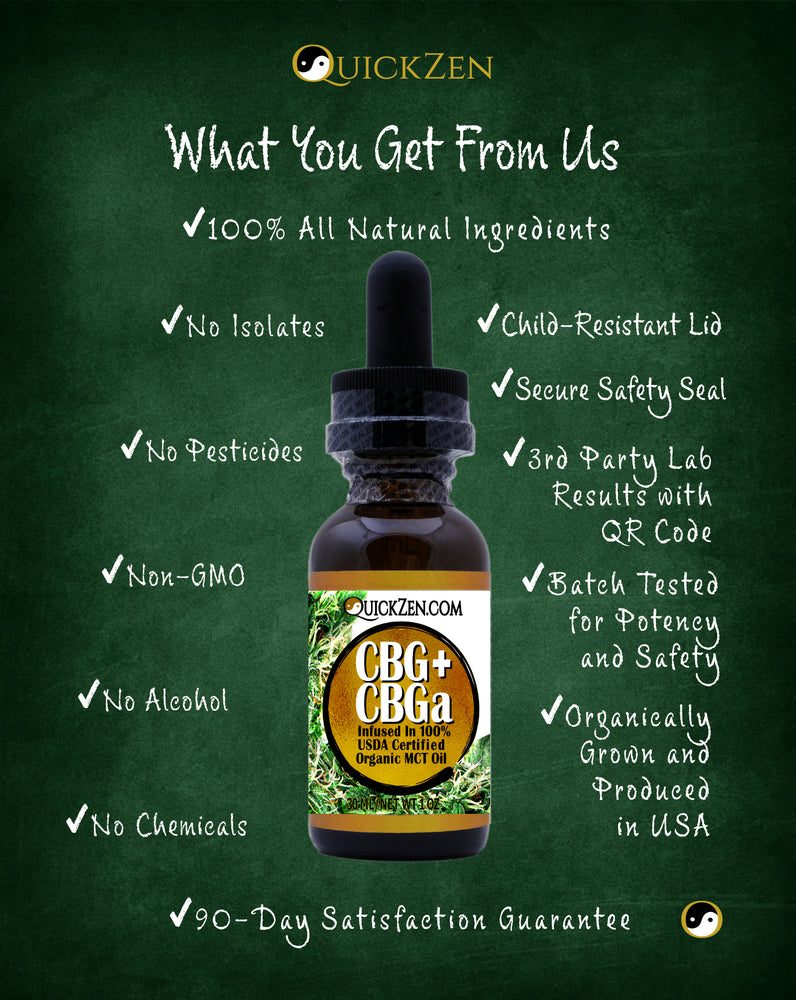 
                  
                    Green chalkboard with bergamot scented CBG plus CBGa oil product details. All natural, no isolates, child resistant cap.
                  
                